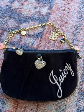 Y2K Juicy Couture Black Velvet Wristlet with Gold Chain and Heart Charms